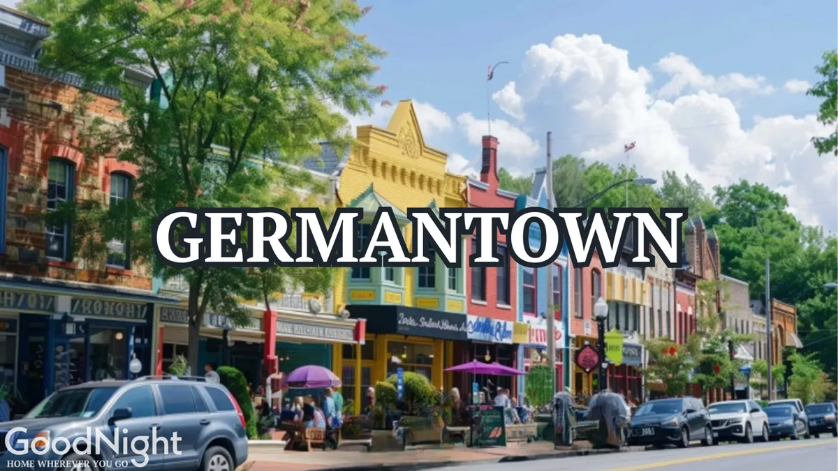 A lively streetscape with colorful storefronts, people enjoying the area, and trees lining the street. The environment feels vibrant and inviting, evoking the neighborhood's local charm and walkability.